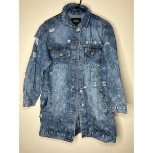 Women’s Medium DAZI Long Denim Jacket Distressed Jean Jacket Medium Wash